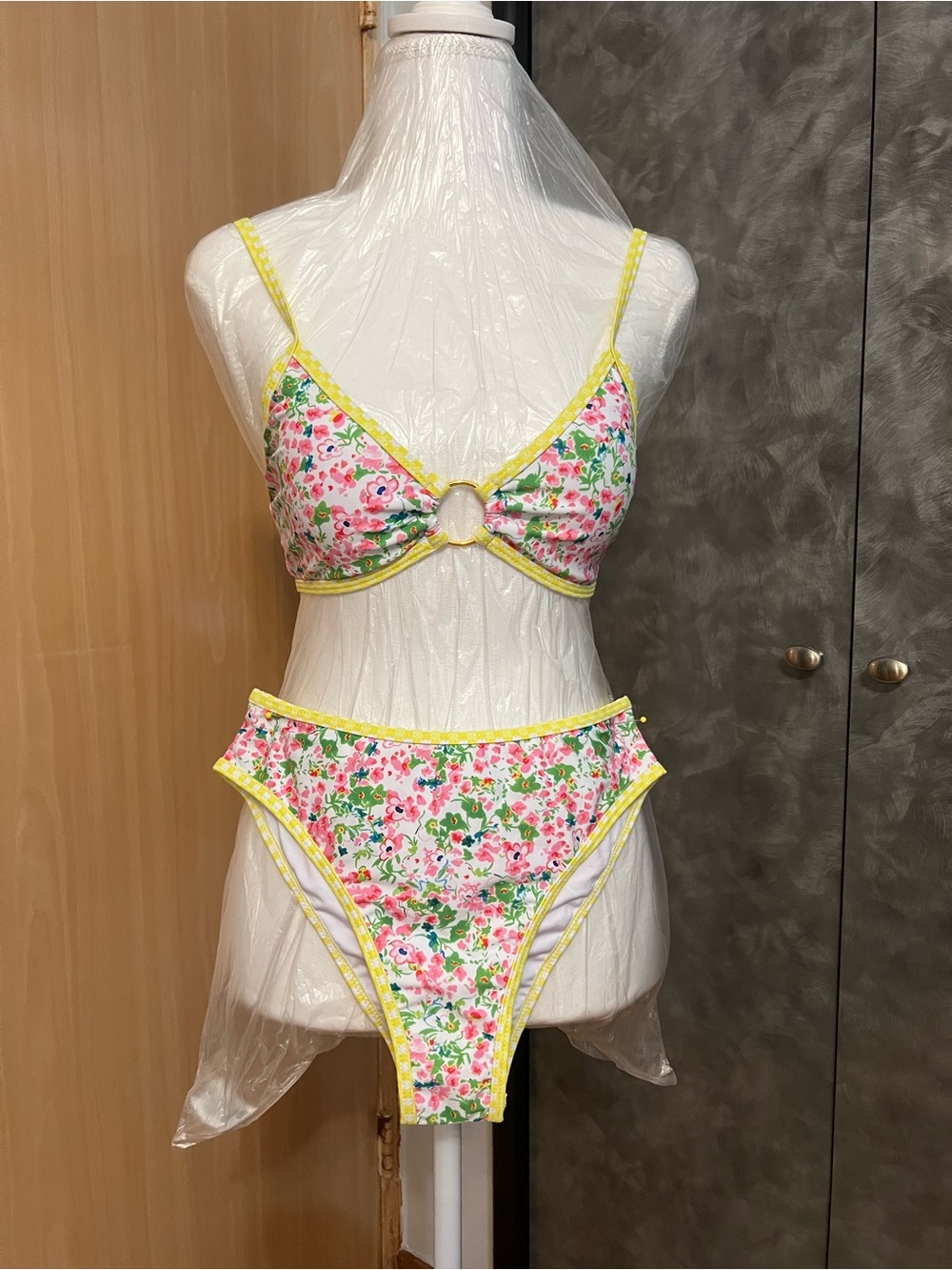 H&M Pink Floral Bikini with Yellow Trim